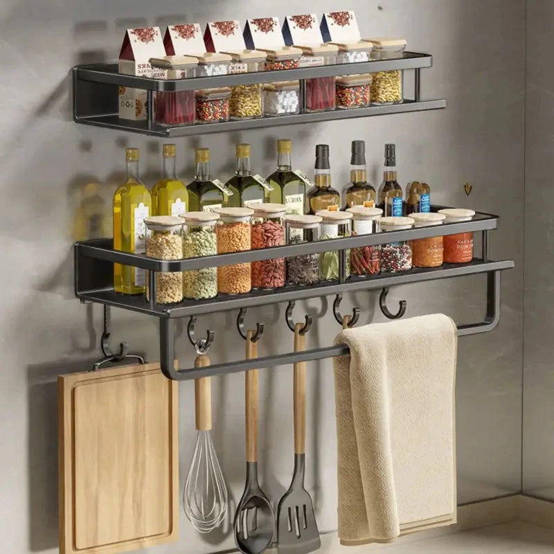 30/40/50CM Kitchen Rack Wall-mounted Spice Storage Rack with Hook Rod Kitchen Utensils Shovel Hook Rack Kitchen Accessories