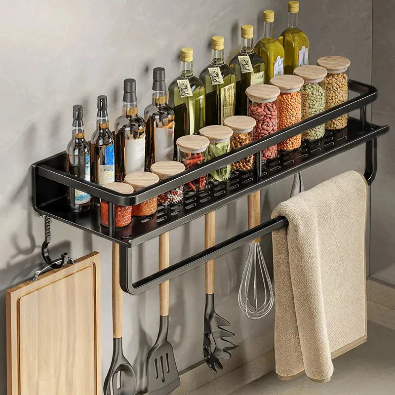 30/40/50CM Kitchen Rack Wall-mounted Spice Storage Rack with Hook Rod Kitchen Utensils Shovel Hook Rack Kitchen Accessories