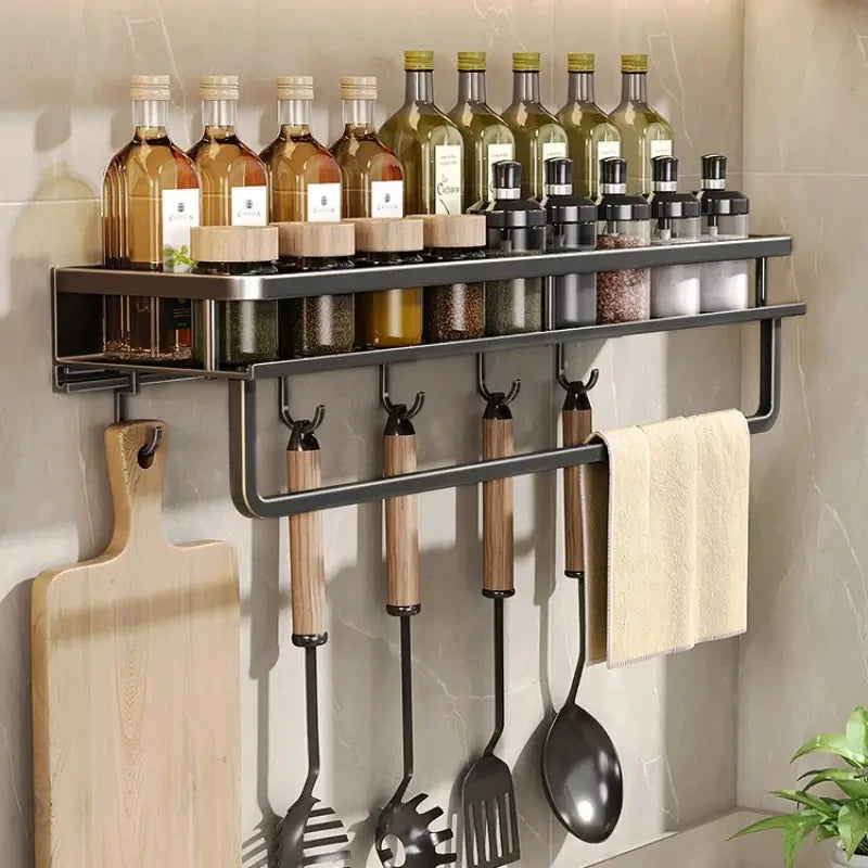 30/40/50CM Kitchen Rack Wall-mounted Spice Storage Rack with Hook Rod Kitchen Utensils Shovel Hook Rack Kitchen Accessories